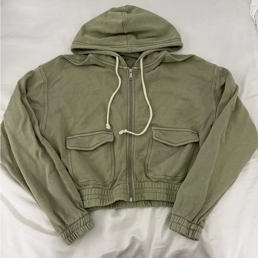 Aerie Green Utility Jacket with Hood and Elastic Hem